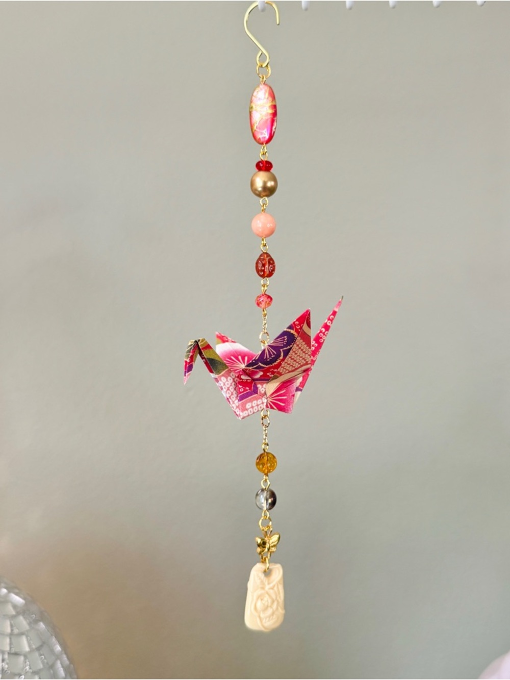 Origami Ornament #2457 - Medium Crane with Repurposed Jewelry